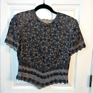 Vintage 80s Papell Boutique Black Floral beaded Embroidered silk Blouse SZ S